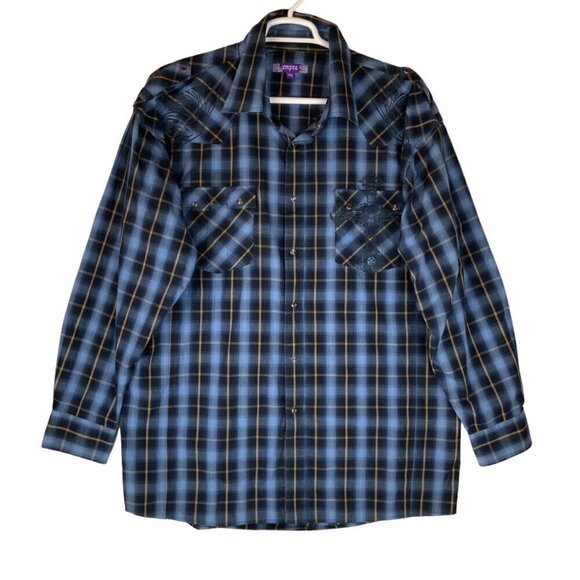 Empra Mens 3XL Plaid Western Shirt Cross Angel Wings Detail Diamond Snaps - Picture 2 of 6